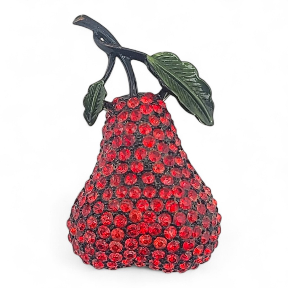 Vintage Red Rhinestone Pear Shaped Brooch Pin Jappaned Enameled Leaf 2in